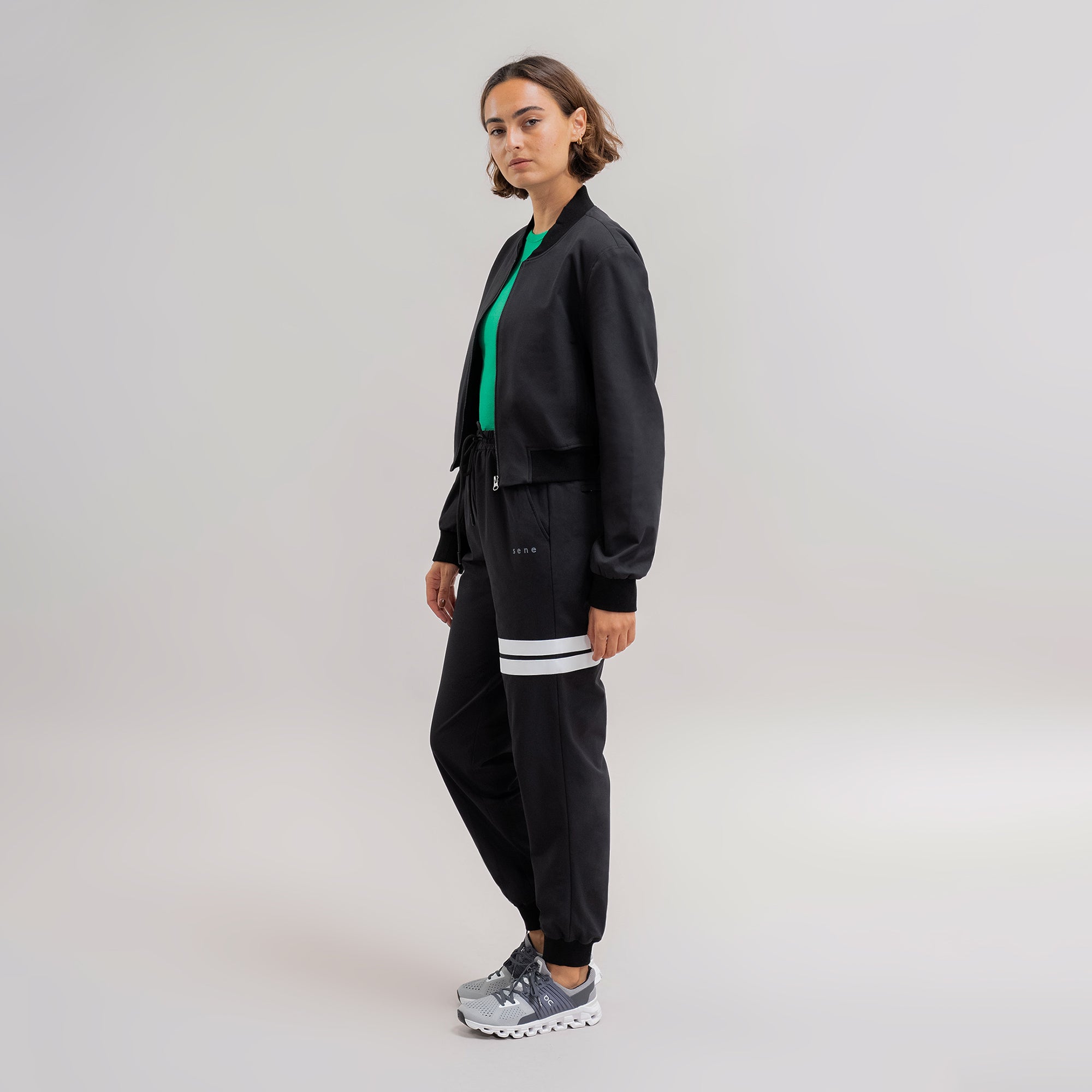 womens custom flextech bomber jacket plus size model Moe in Black