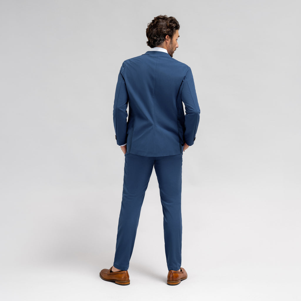 Bespoke custom athleisure technical athletic stretch suit los angeles model John in Italian Blue