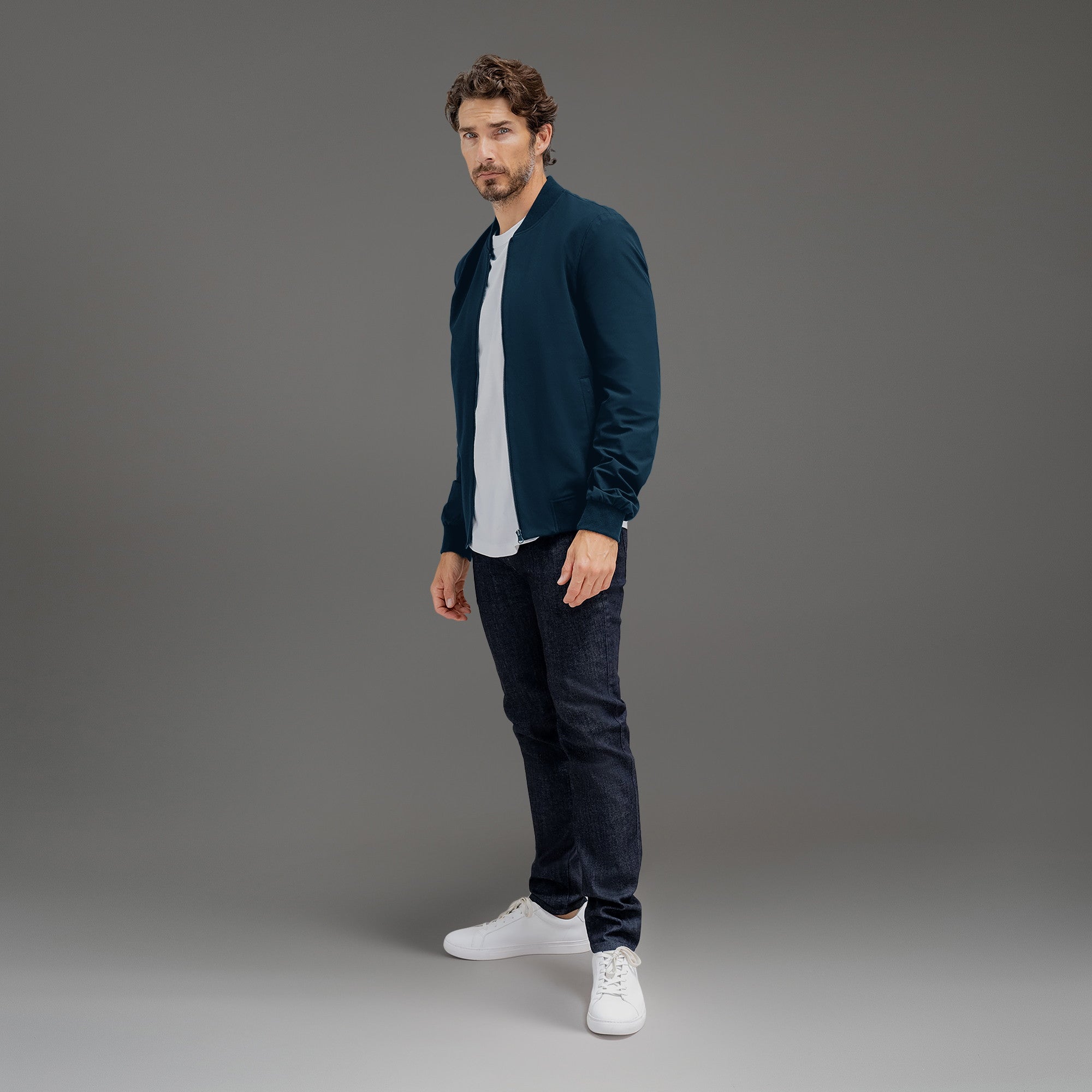 men's custom bomber jacket model John in Nautical Blue