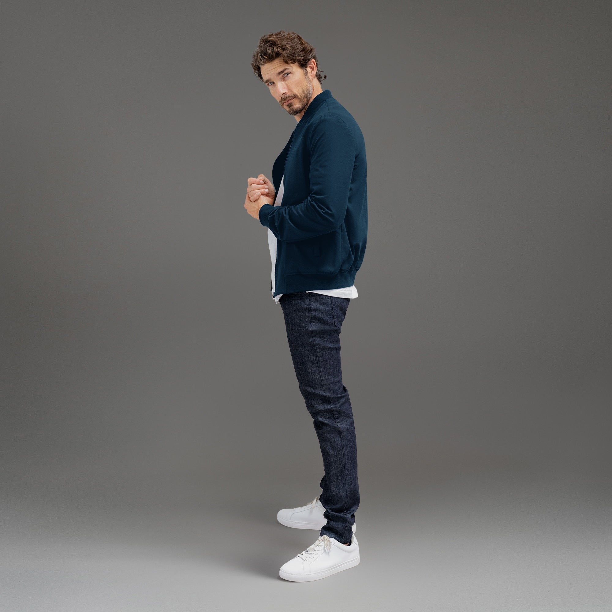 men's custom bomber jacket model John in Nautical Blue