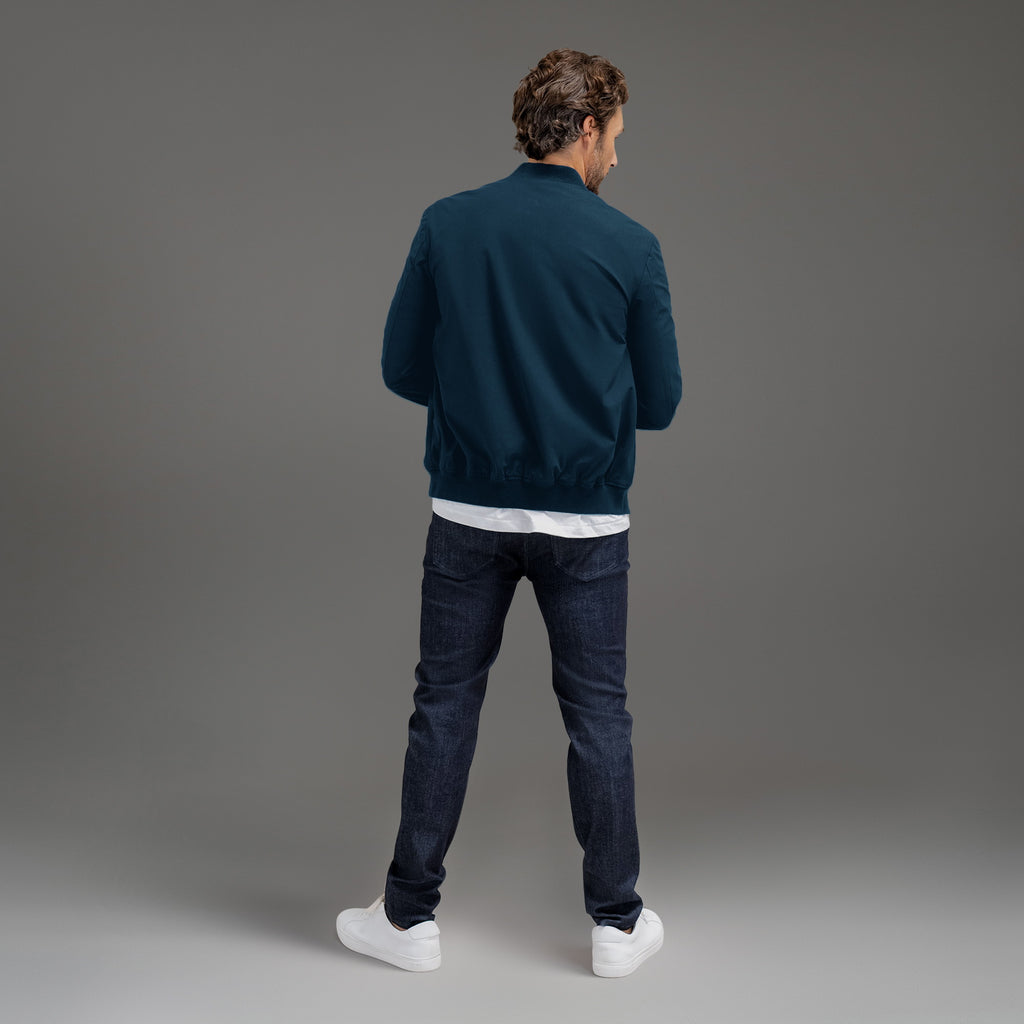 men's custom bomber jacket model John in Nautical Blue