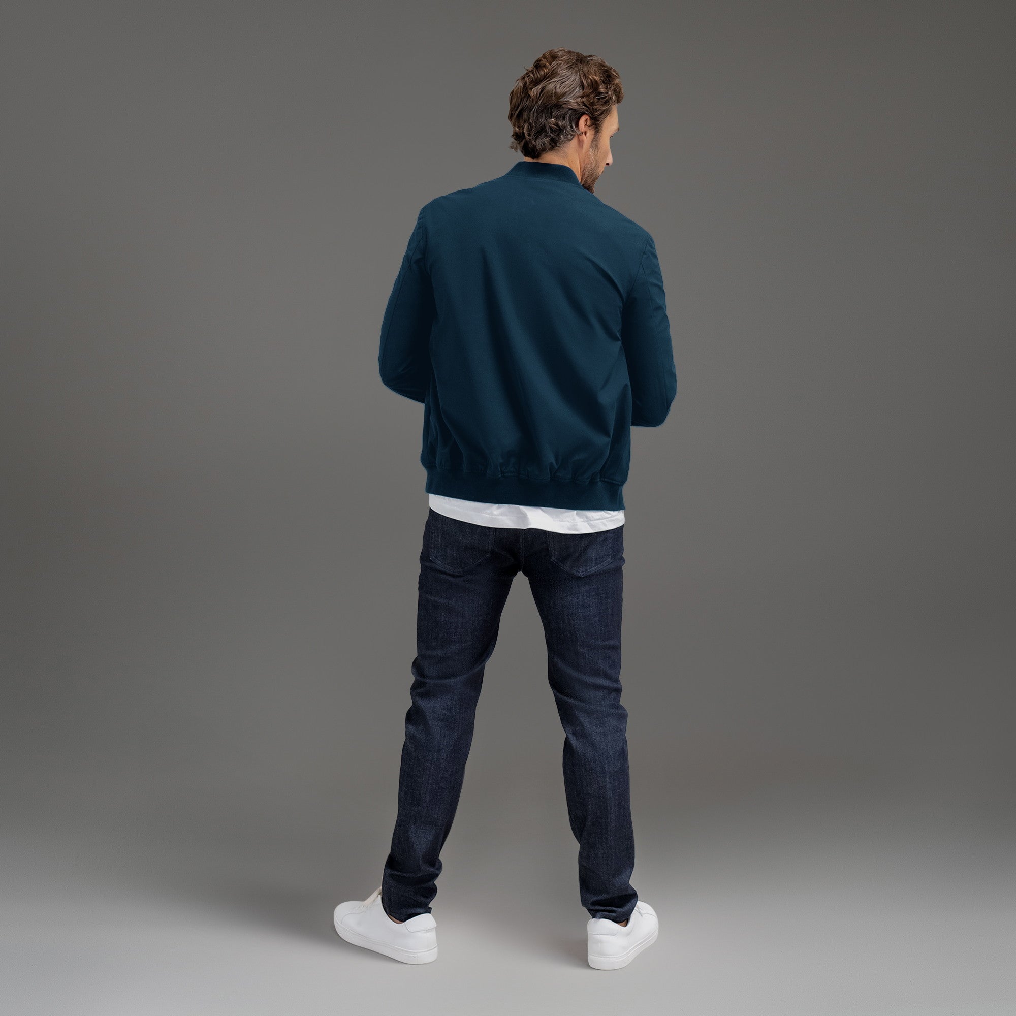 men's custom bomber jacket model John in Nautical Blue