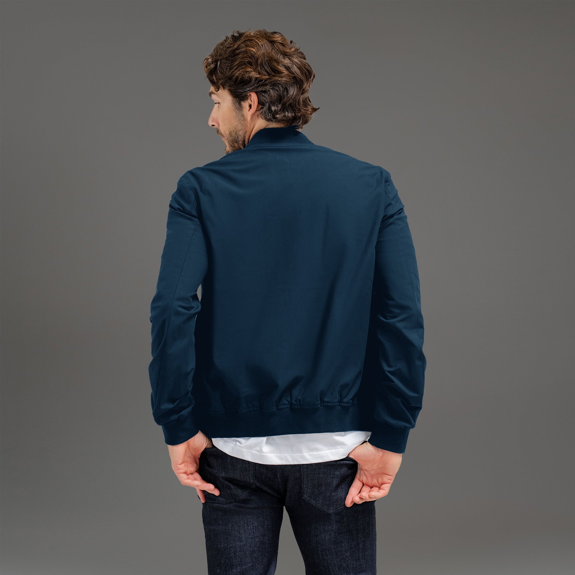 men's custom bomber jacket model John in Nautical Blue