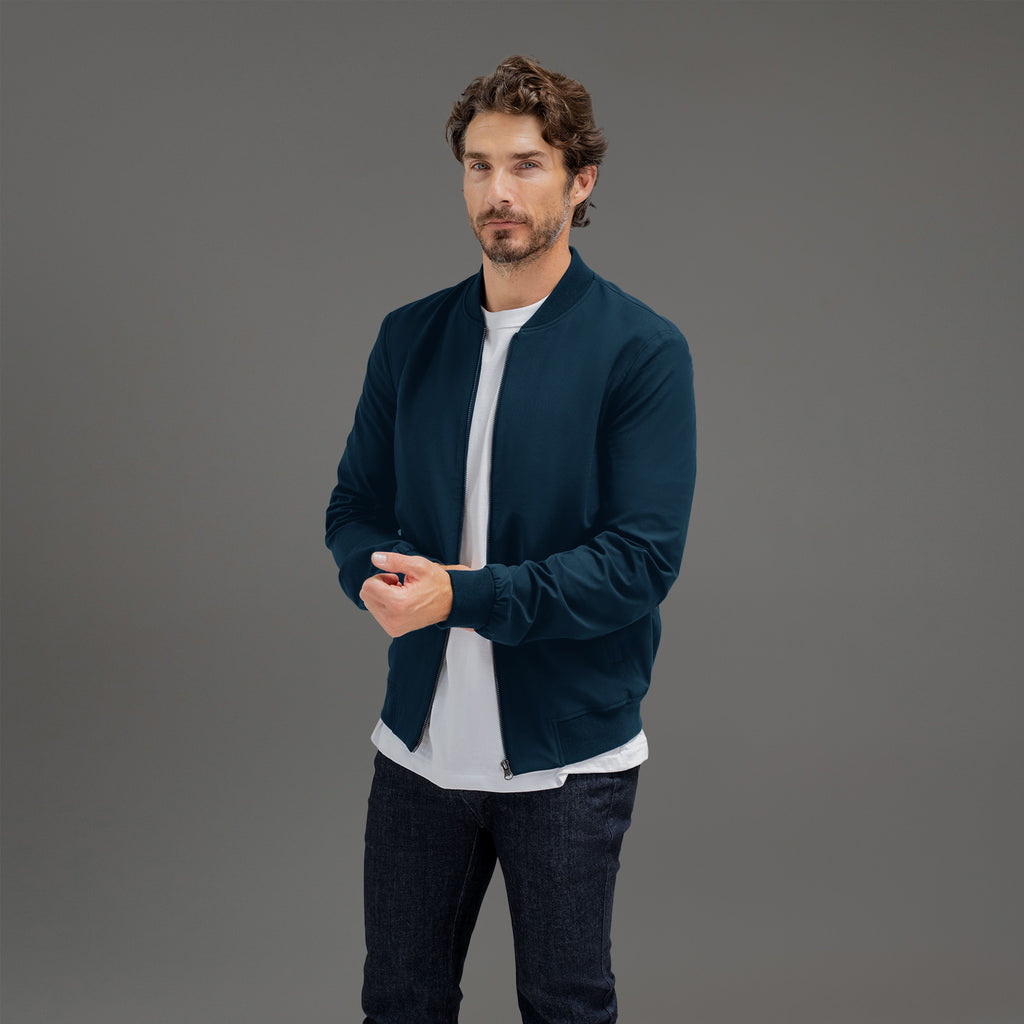 men's custom bomber jacket model John in Nautical Blue