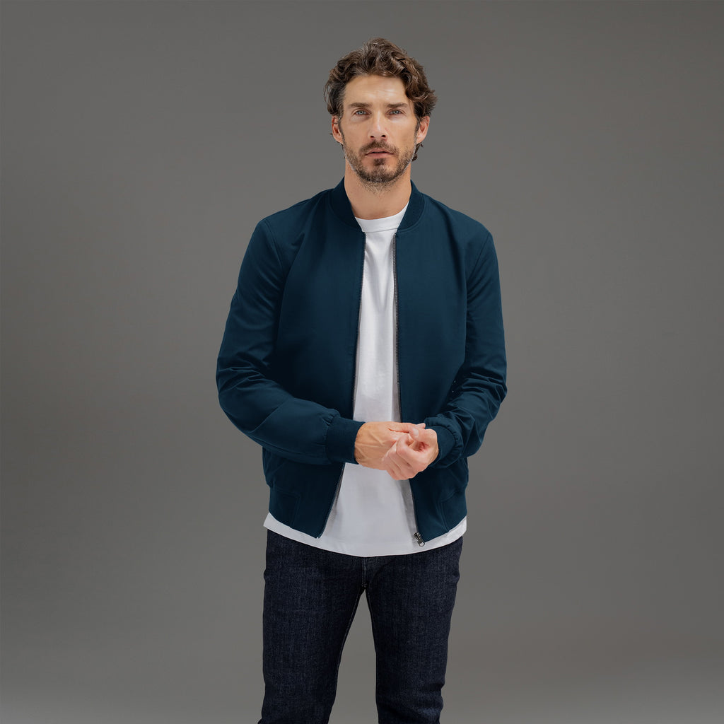 men's custom bomber jacket model John in Nautical Blue