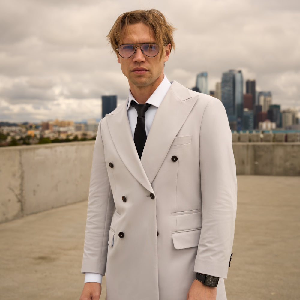 Tags:(5'9"|160 lbs) Bespoke custom linen men's suit los angeles model Tyler in Silver