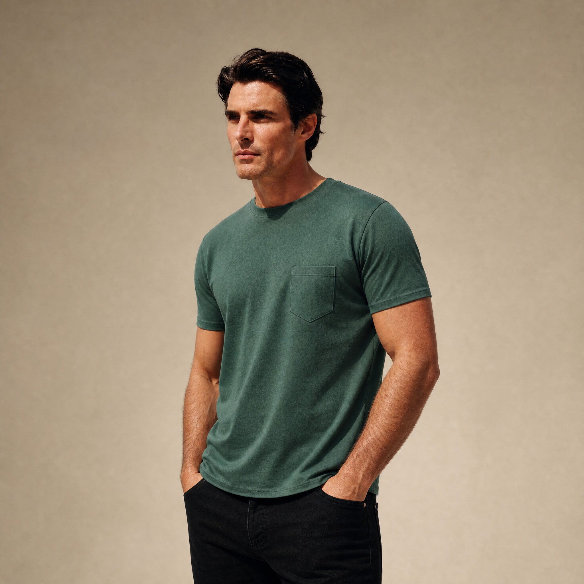 Pima Reserve Crew Pocket T-Shirt model Matteo in Seamoss
