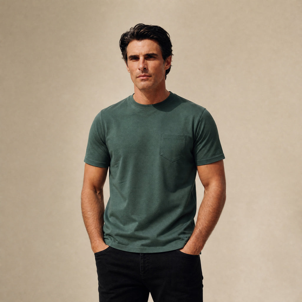 Pima Reserve Crew Pocket T-Shirt model Matteo in Seamoss