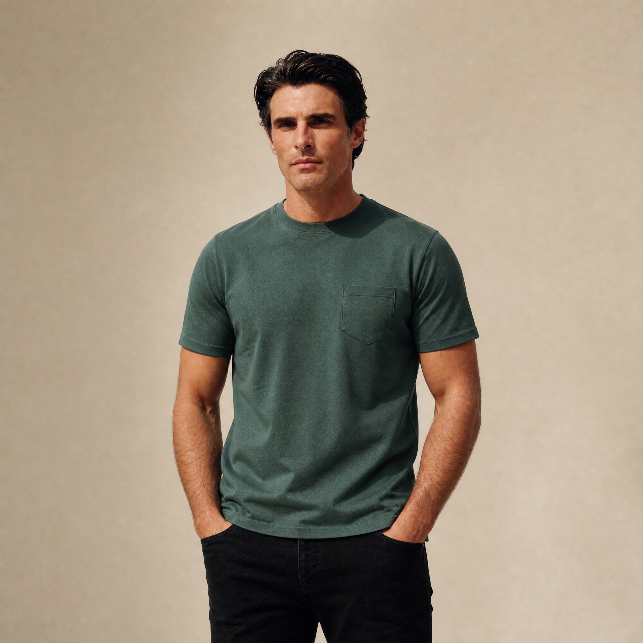 Pima Reserve Crew Pocket T-Shirt model Matteo in Seamoss