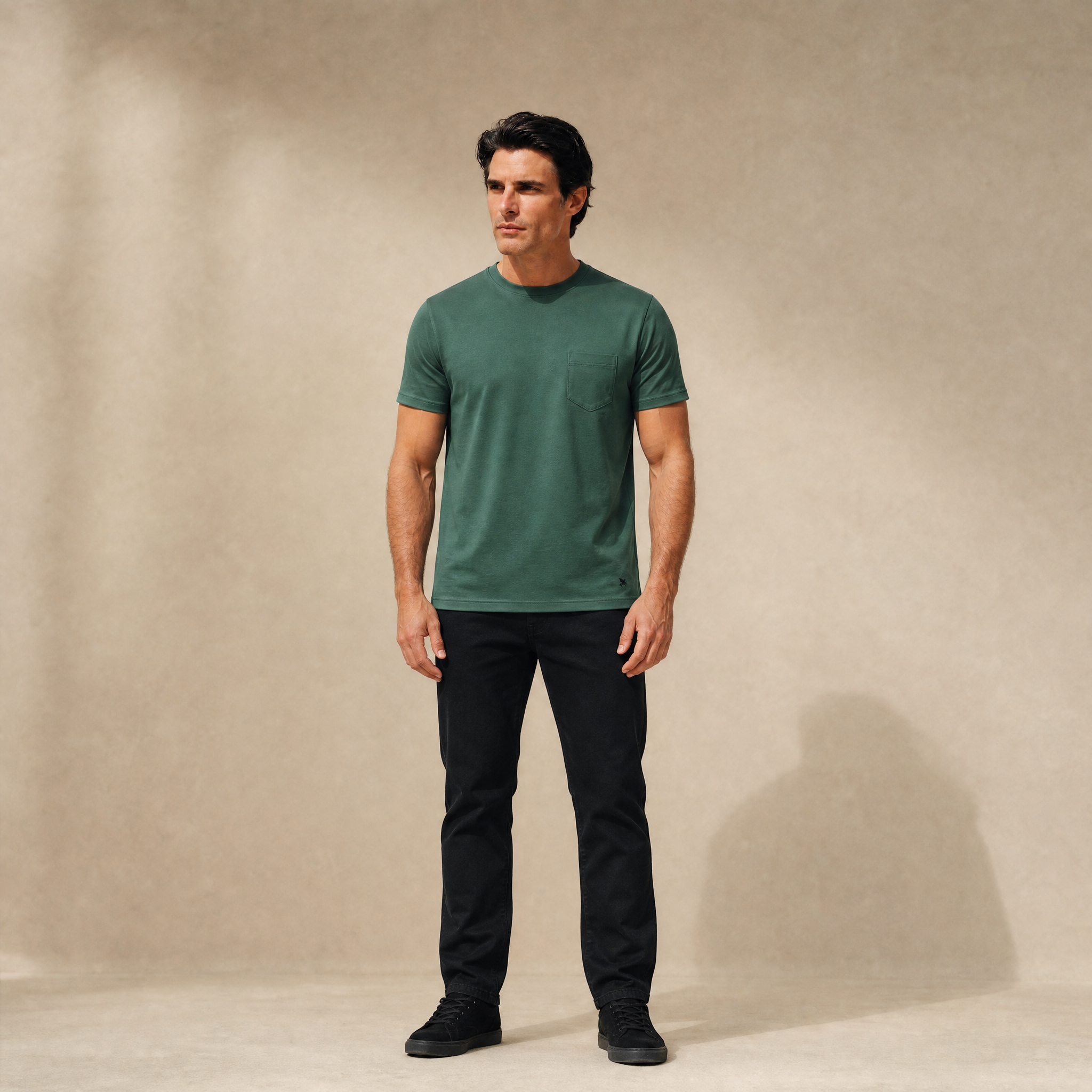 Pima Reserve Crew Pocket T-Shirt model Matteo in Seamoss