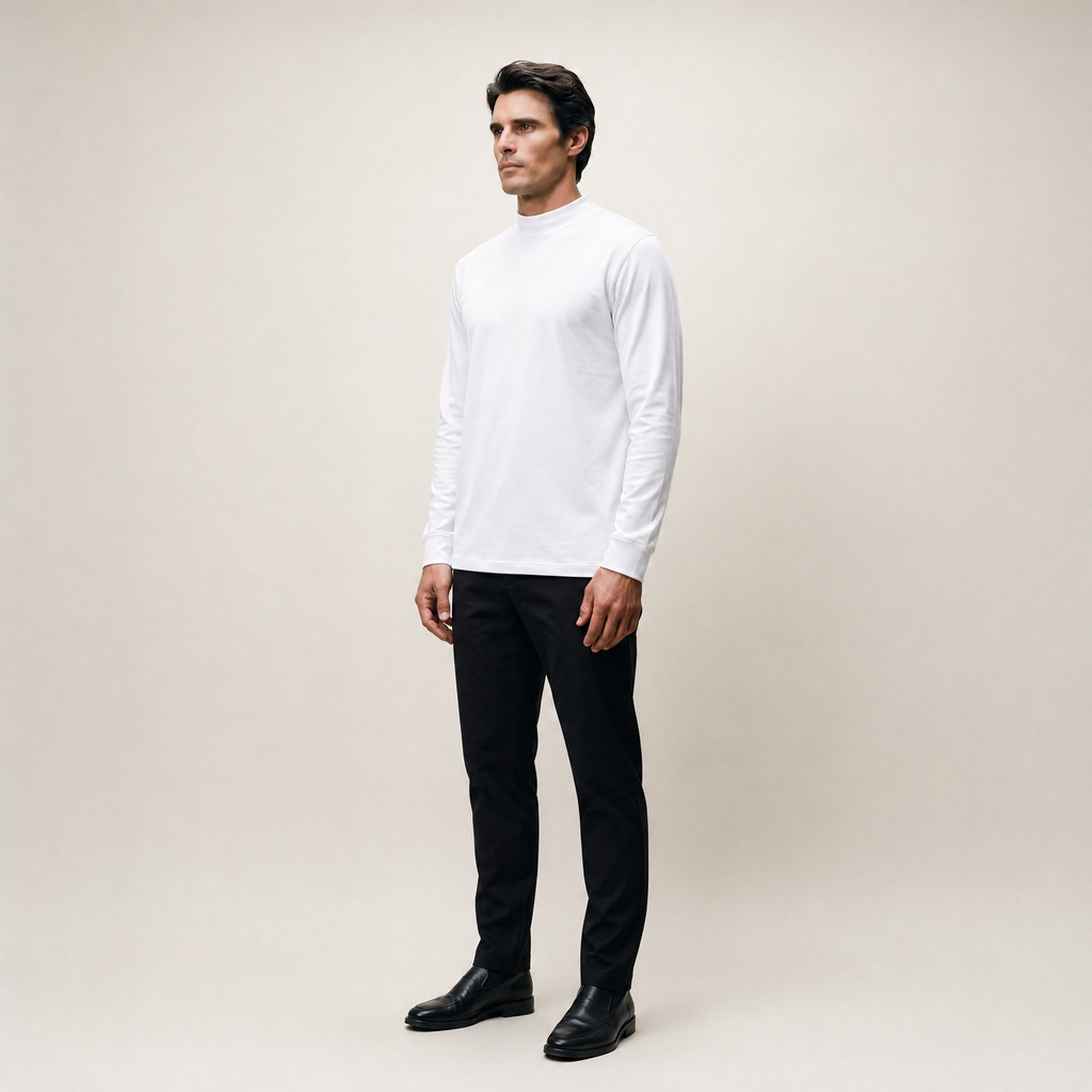 Man wearing a white long-sleeve shirt against a beige background model Kive in white