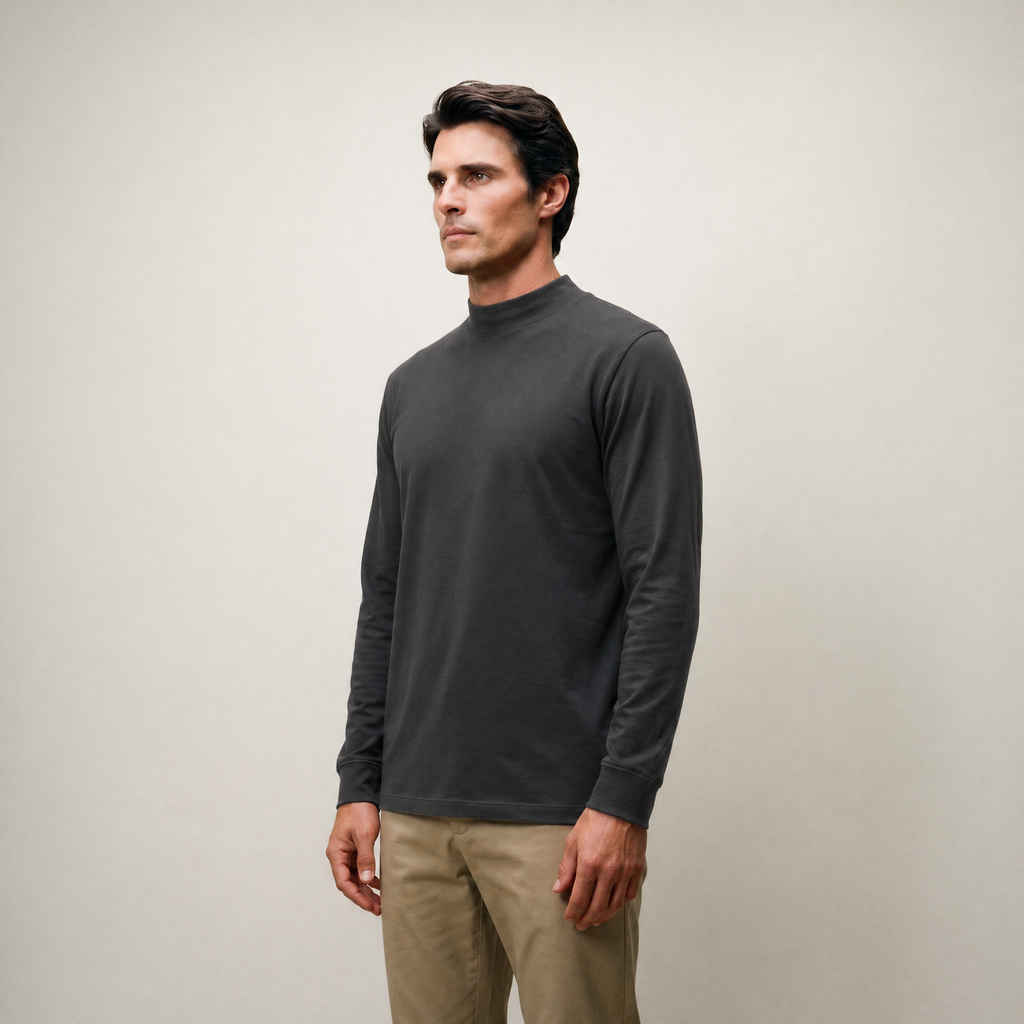 Man wearing a smoke long-sleeve shirt against a beige background model Kive in smoke