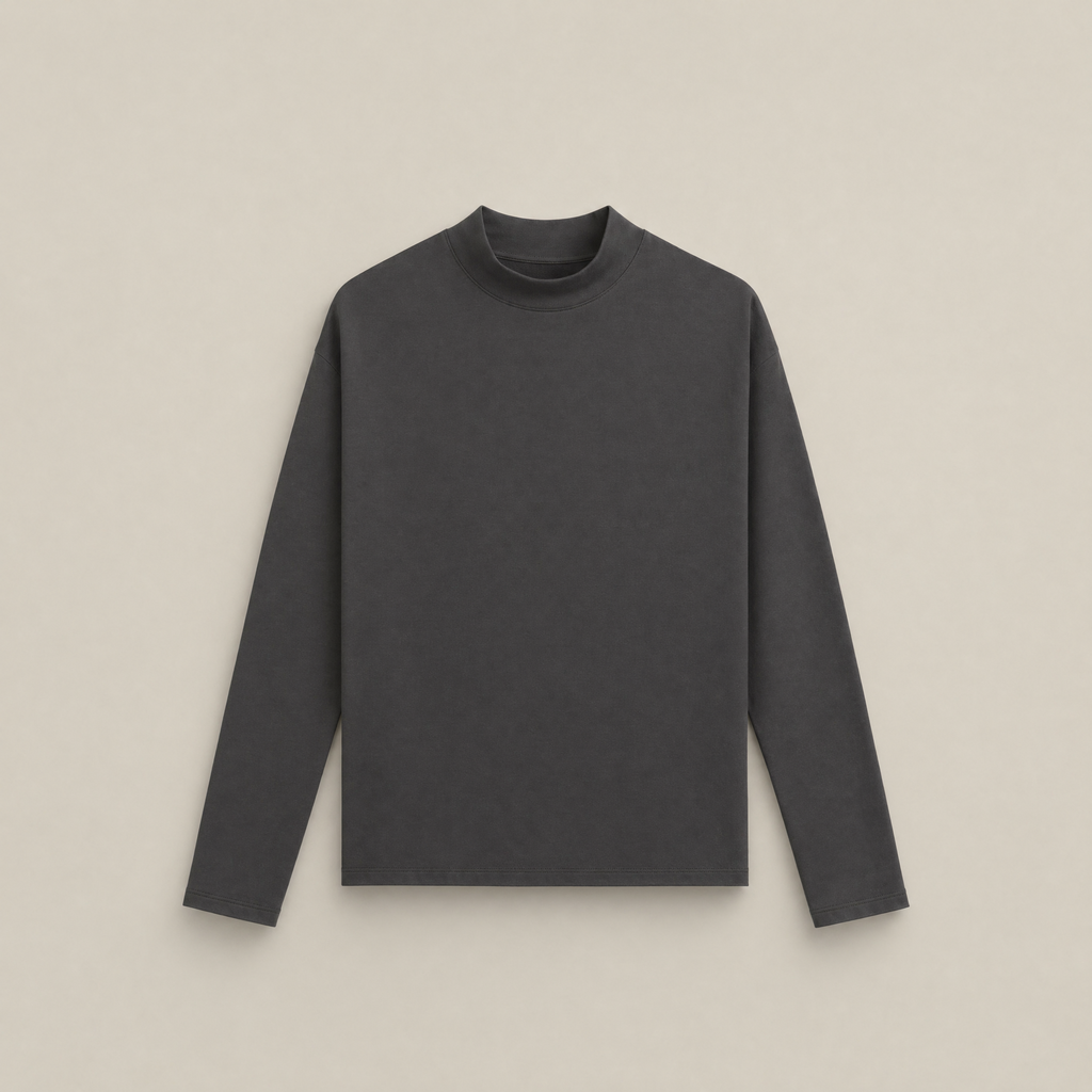 Smoke long-sleeve shirt flatlay against a beige background model Kive in Smoke