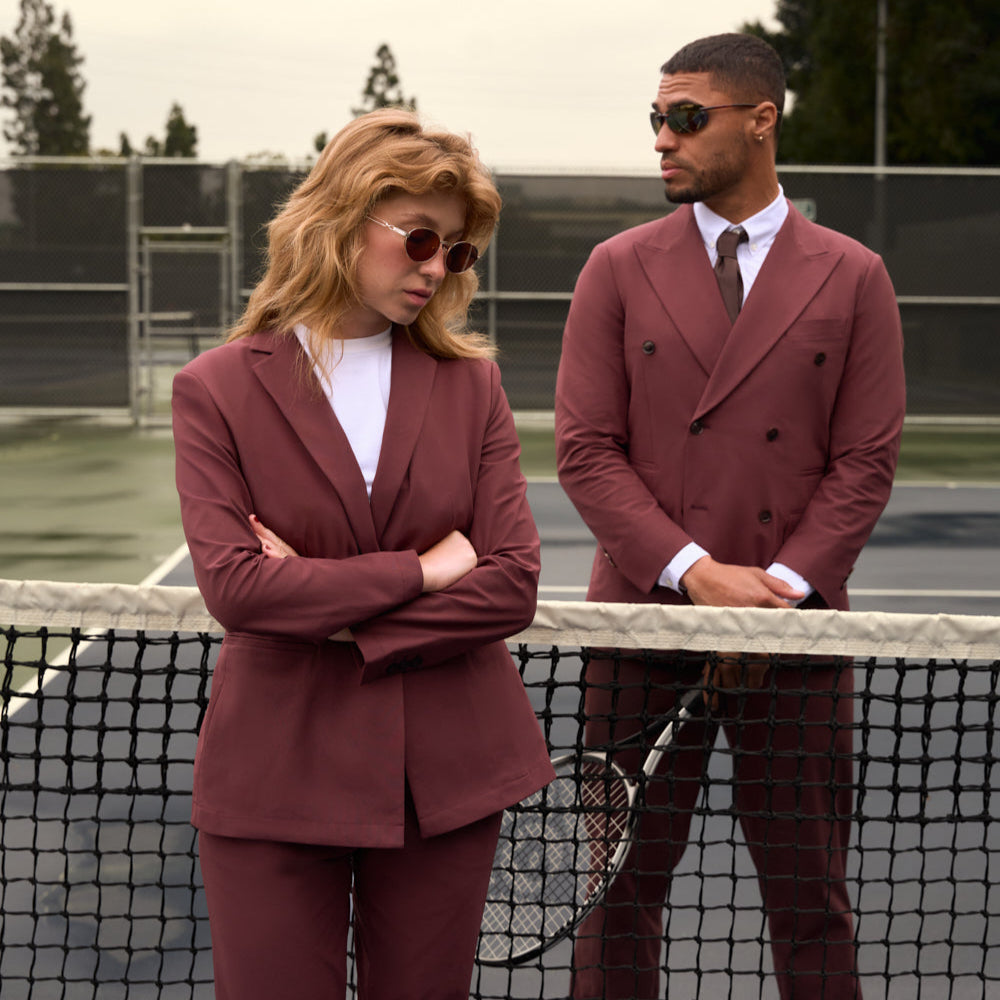 bespoke custom women's blazer pantsuit model Brittany in Maroon