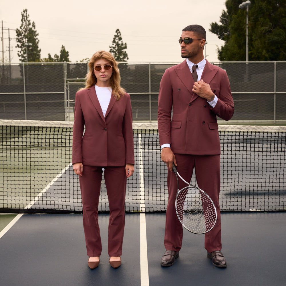 bespoke custom women's blazer pantsuit model Brittany in Maroon