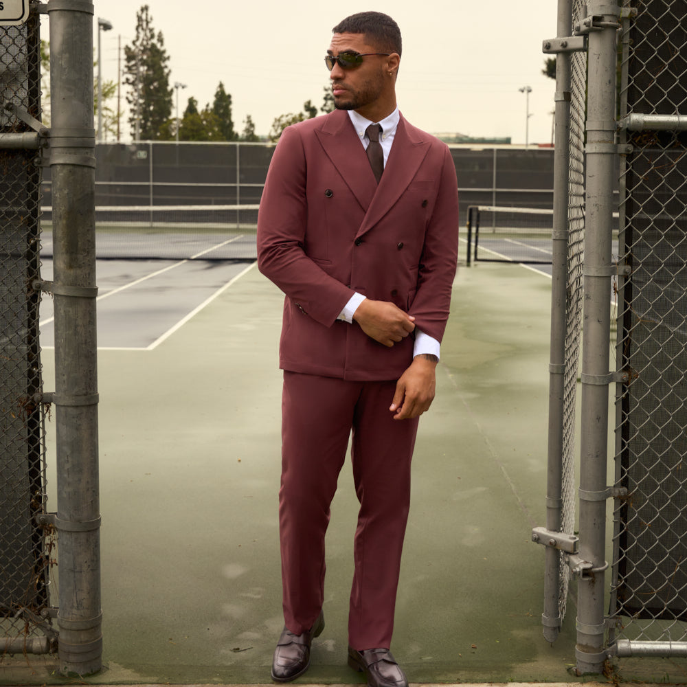 Tags:(6'0"|180 lbs) Bespoke custom linen men's suit los angeles model Tyler in Maroon