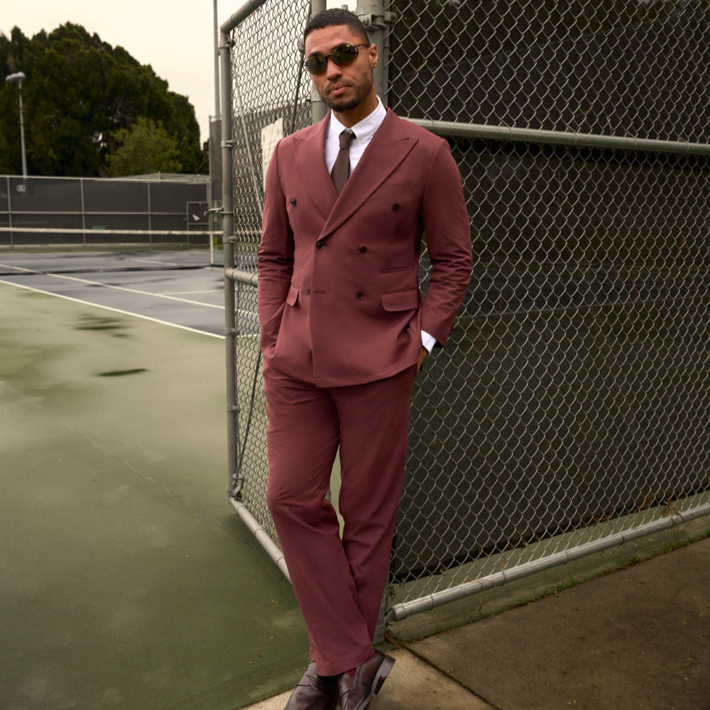 Tags:(6'0"|180 lbs) Bespoke custom linen men's suit los angeles model Tyler in Maroon
