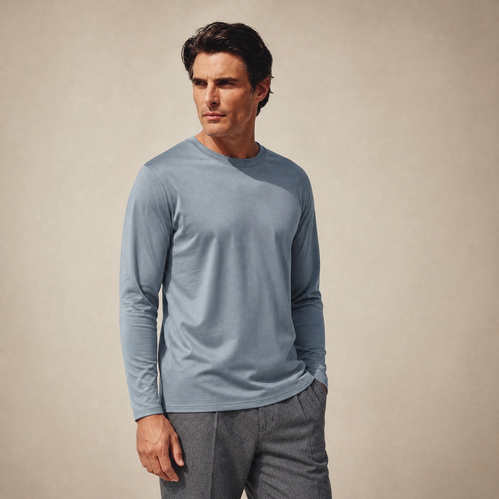 Pima Reserve Long Sleeve T-Shirt model Matteo in Steel