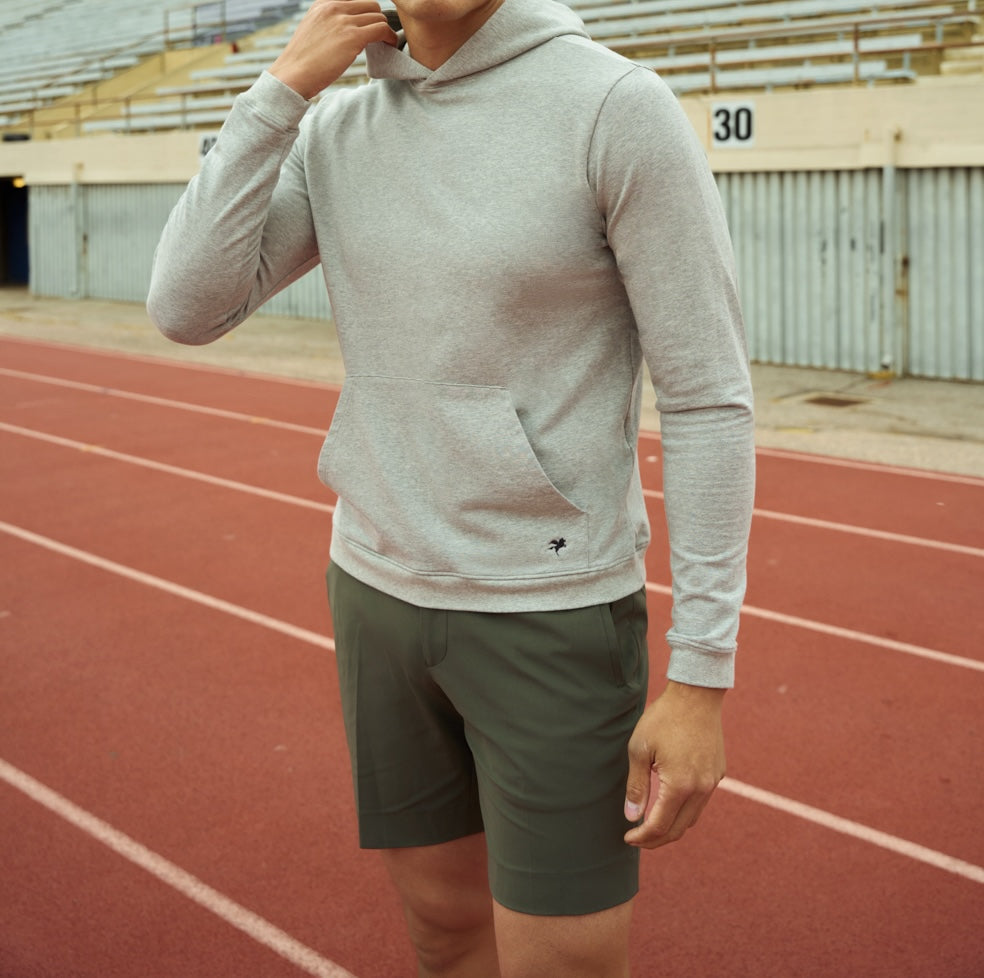 Custom bespoke shorts athleisure athletic build model Tim in Moss