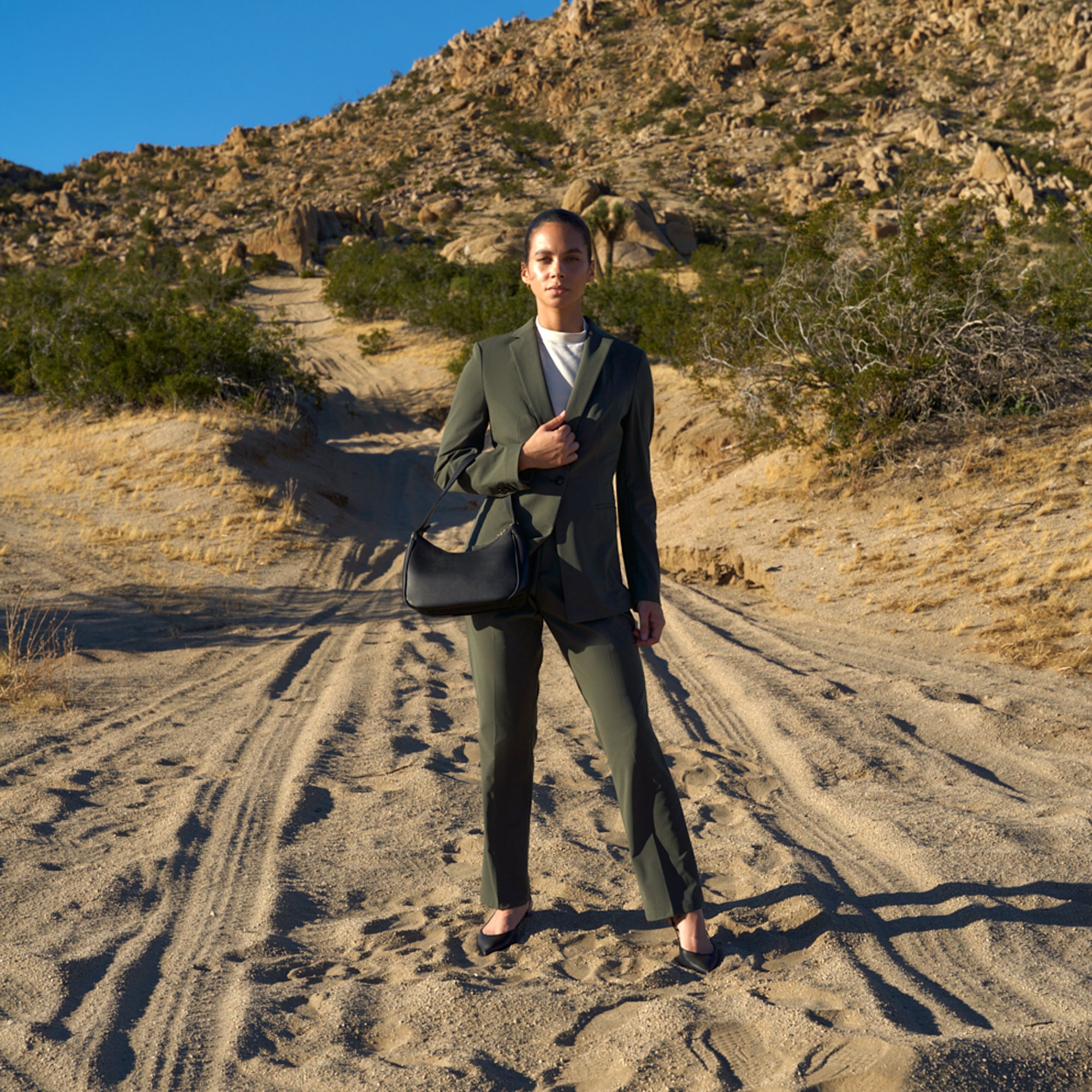 bespoke custom women's blazer pantsuit model Tracy in Moss