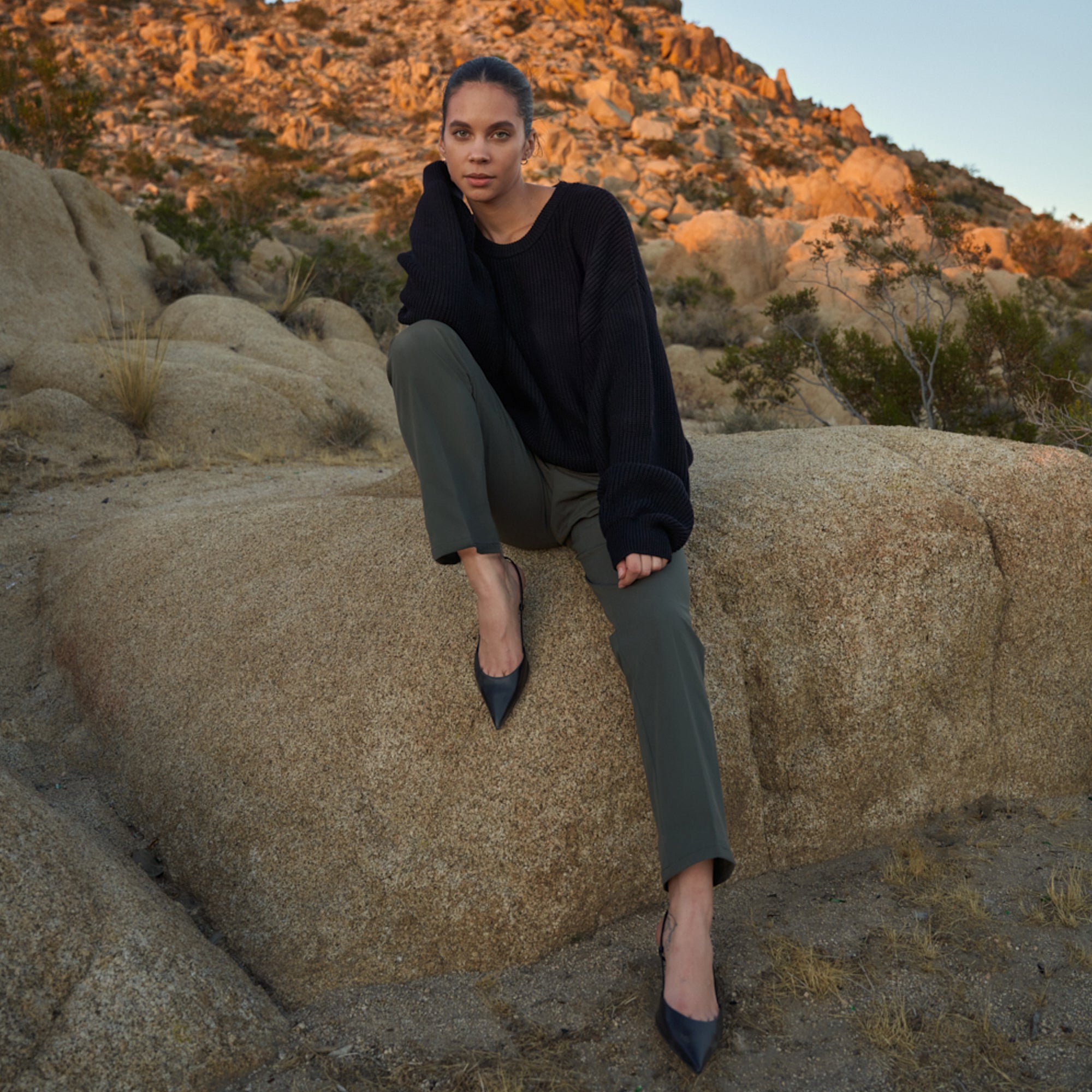 bespoke athletic women's dress pants athleisure model Tracy in Moss