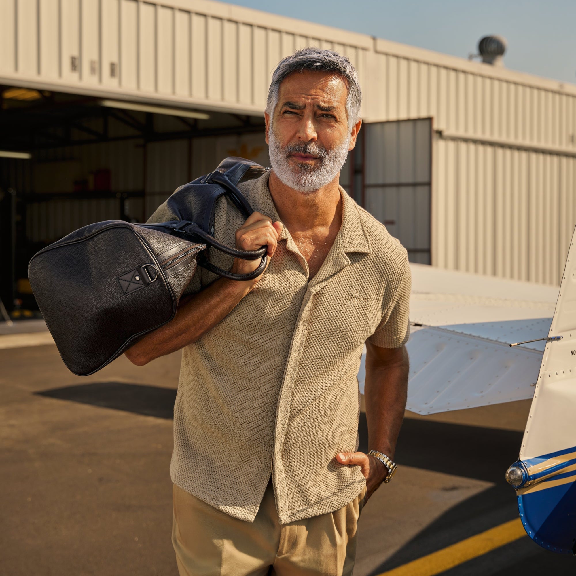 Tags:(5'11" - 176 lbs|Medium) Custom Knit Camp Shirt model Guillermo in Khaki