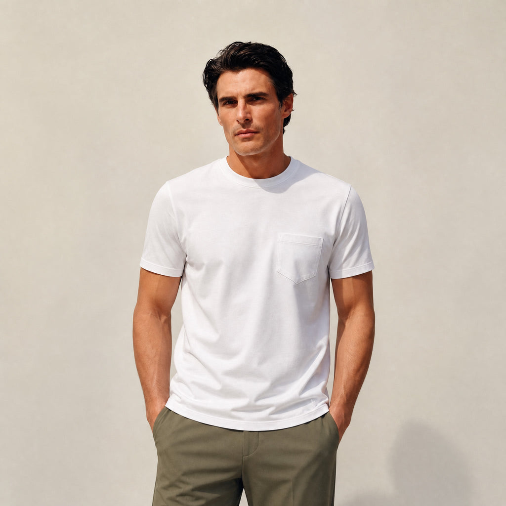 Pima Reserve Crew Pocket T-Shirt model Matteo in White