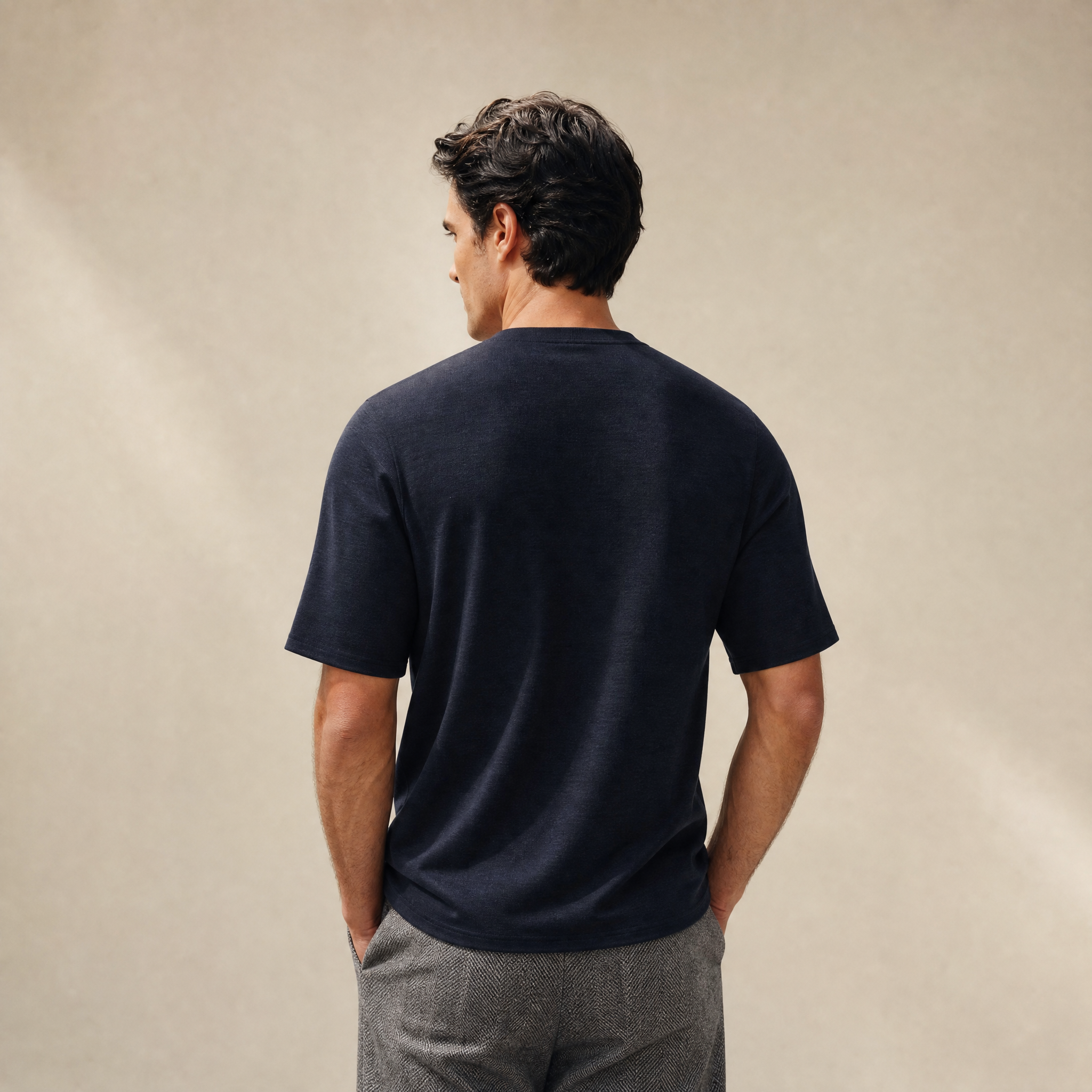 Merino Wool Oversized T-Shirt model Matteo in Dark Navy
