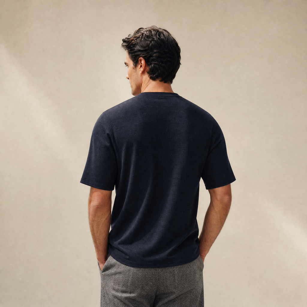 Merino Wool Oversized T-Shirt model Matteo in Dark Navy