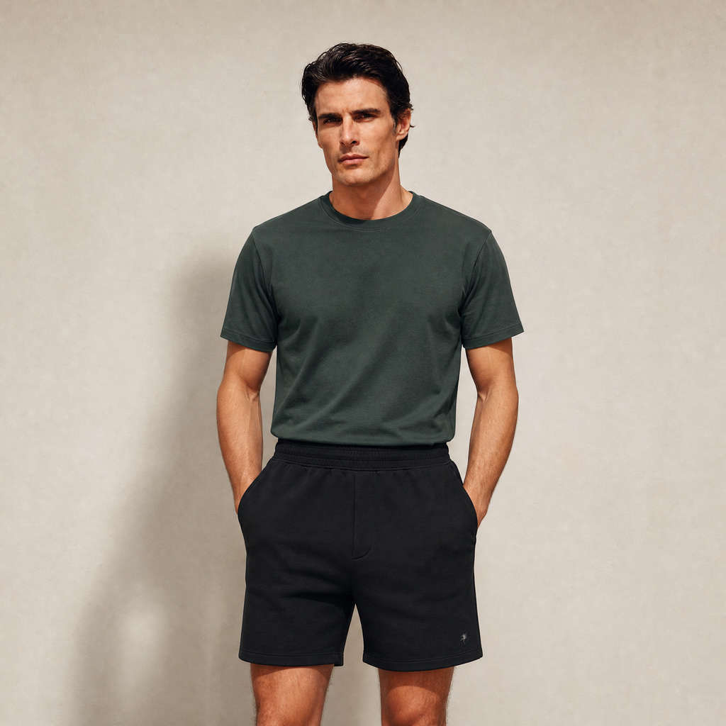 Terry Fleece Shorts model Matteo in Black
