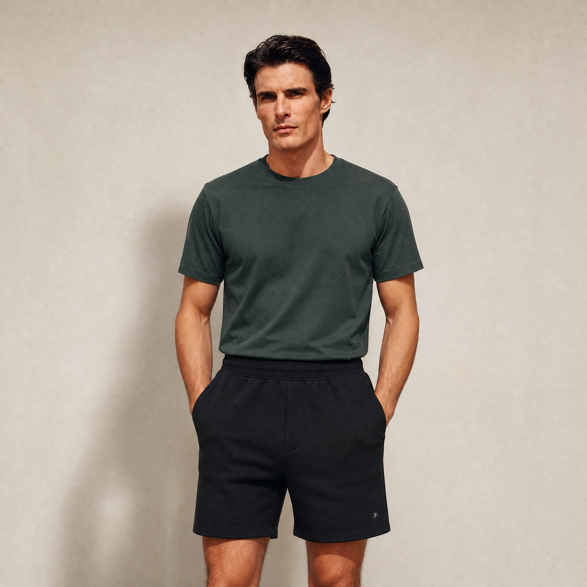 Terry Fleece Shorts model Matteo in Black