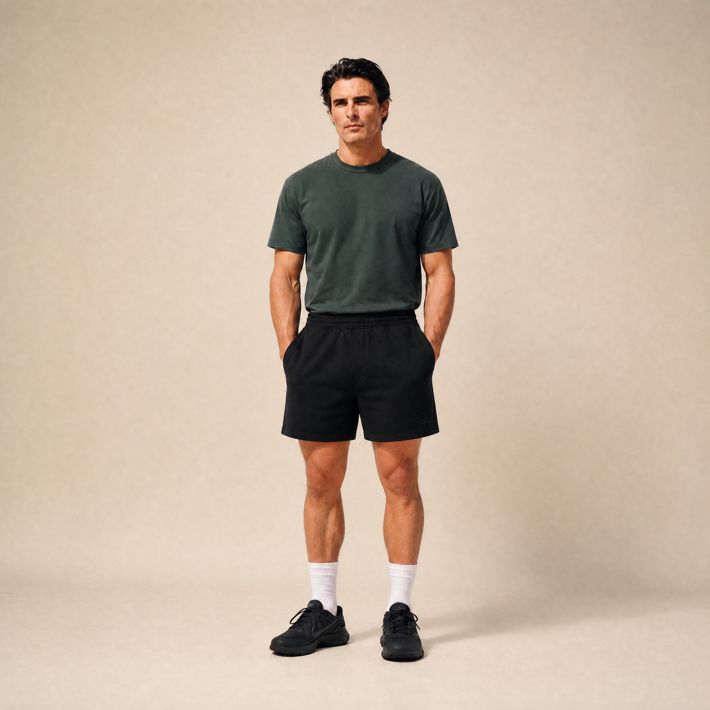 Terry Fleece Shorts model Matteo in Black