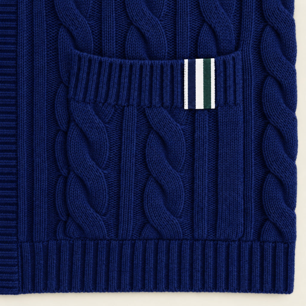 Cable Knit Wool Cardigan model Matteo in Regatta Blue