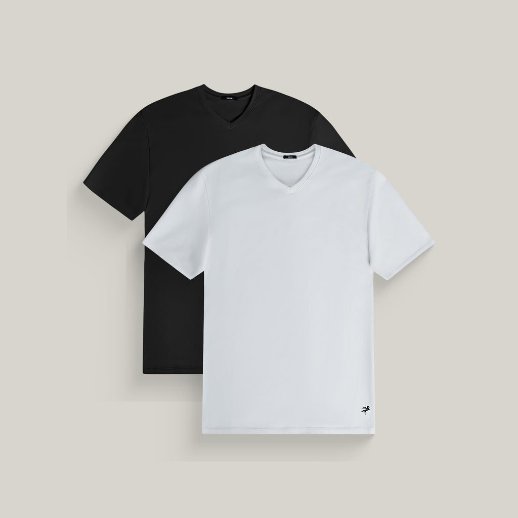 Two v-neck t-shirts in black and white on a beige background model Tyler in Minimalist