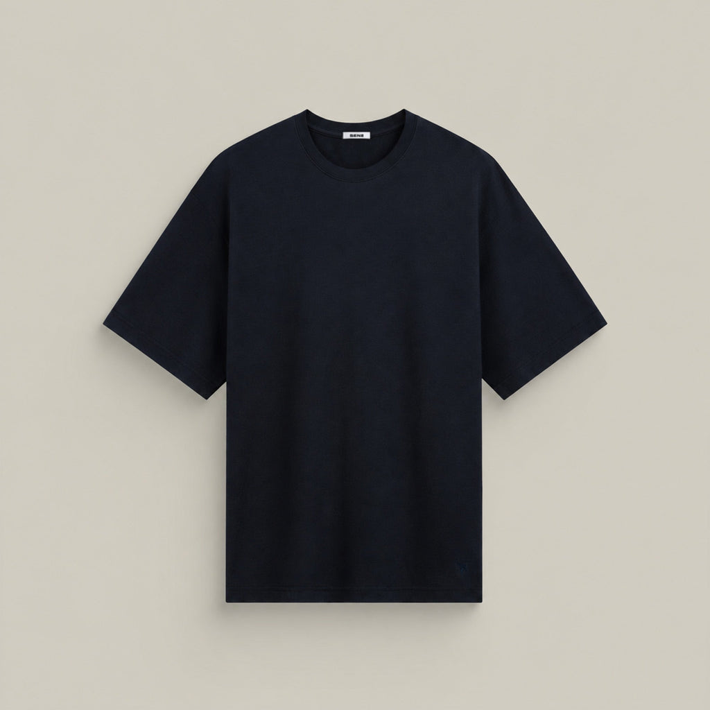 Merino Wool Oversized T-Shirt model Matteo in Dark Navy