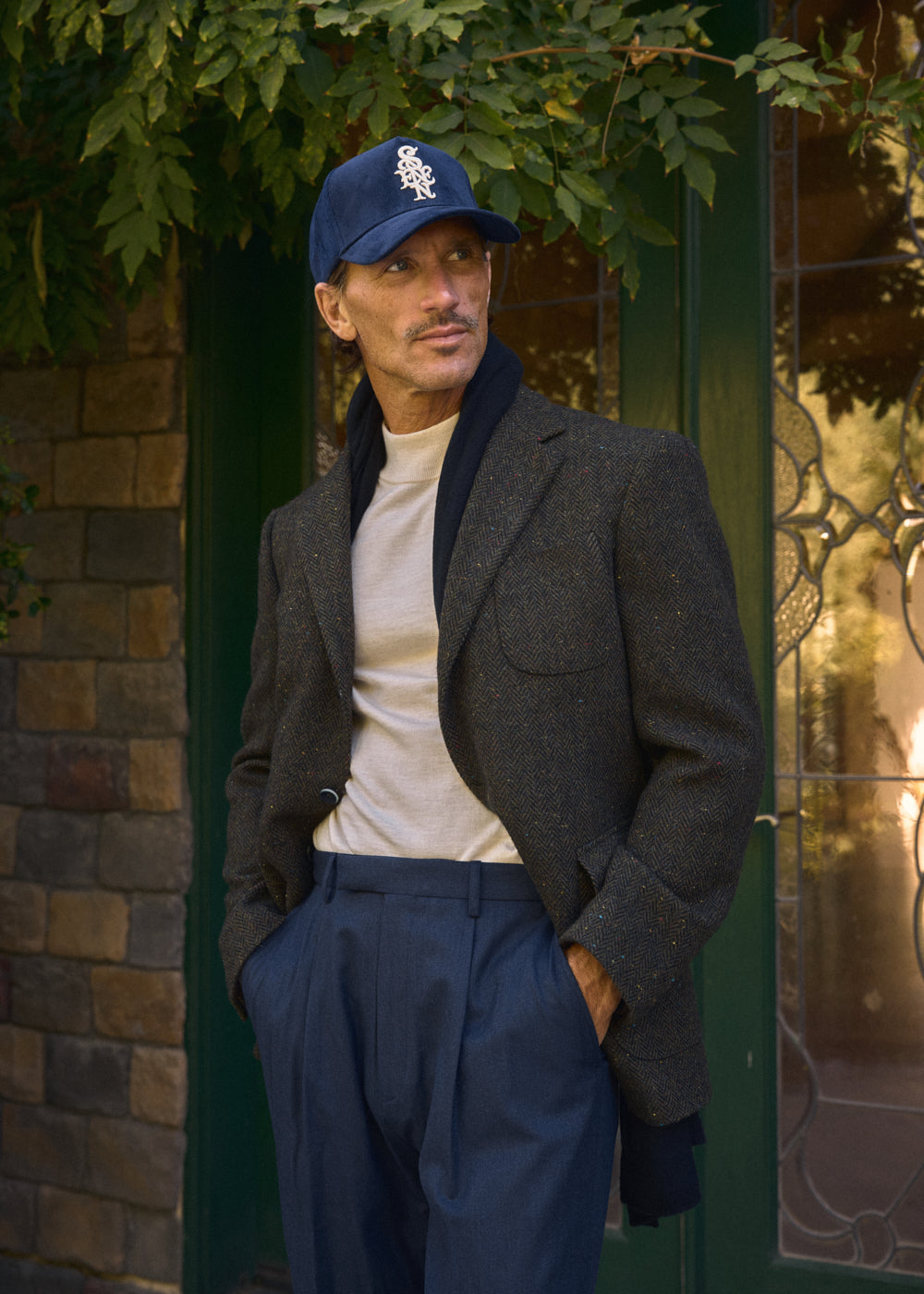Fall 2026 lookbook, full look in warm dusty olive