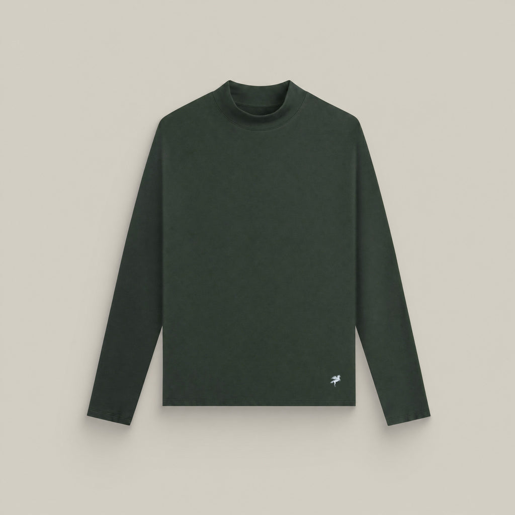 Mosss long-sleeve shirt flatlay against a beige background model Kive in Moss