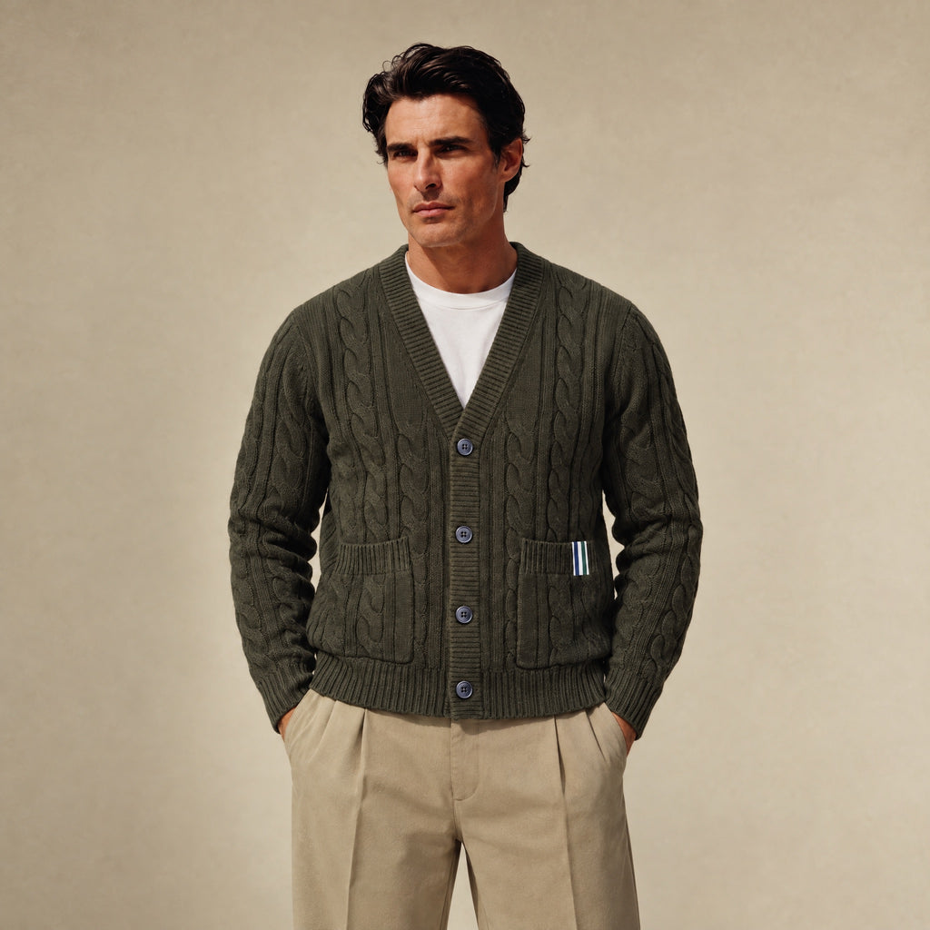 Cable Knit Wool Cardigan model Matteo in Olive