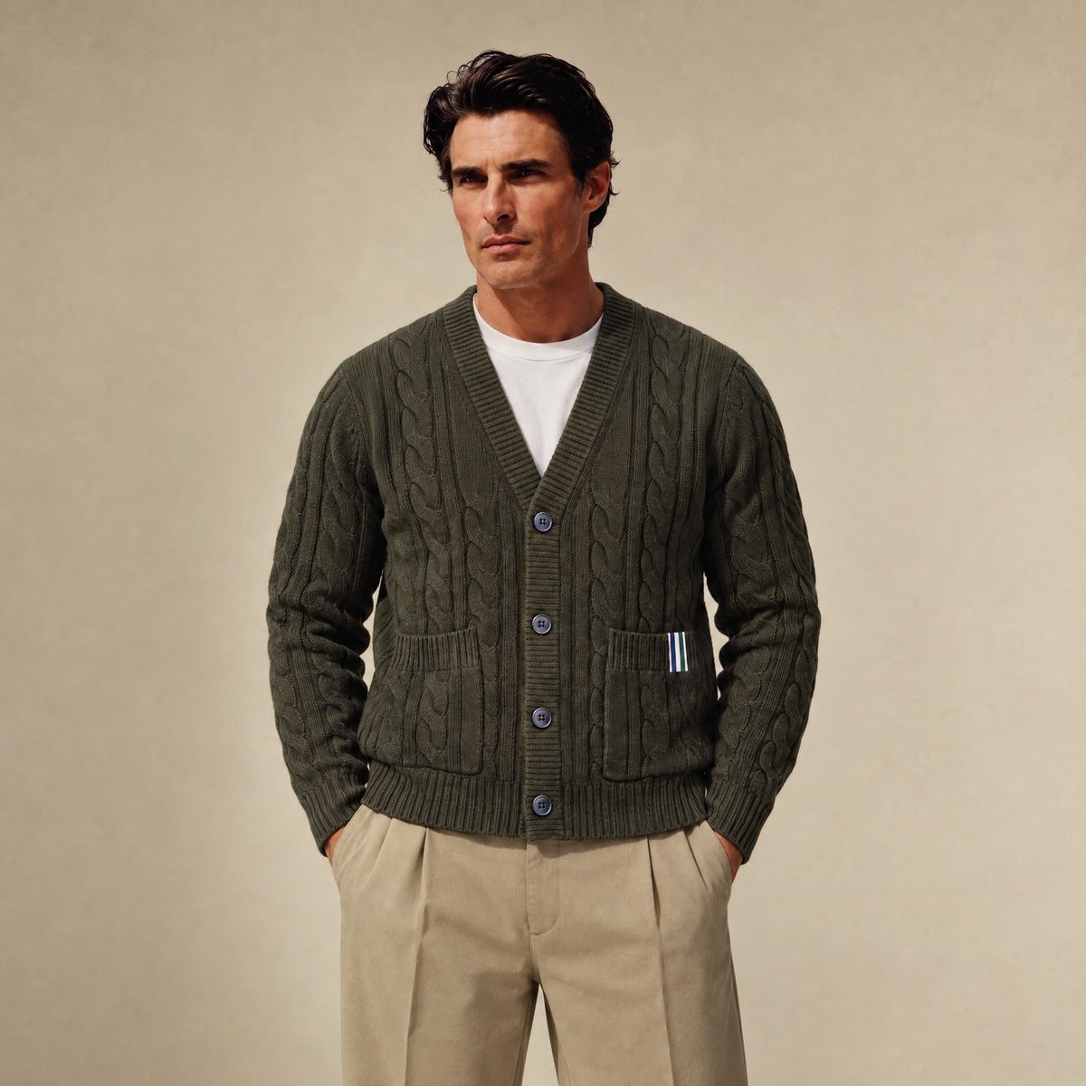 Cable Knit Wool Cardigan model Matteo in Olive