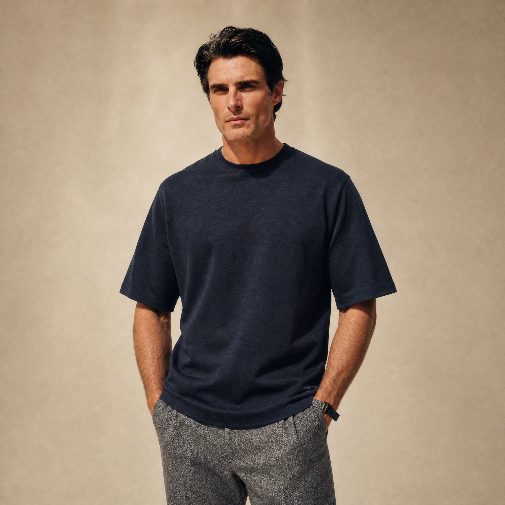 Merino Wool Oversized T-Shirt model Matteo in Dark Navy