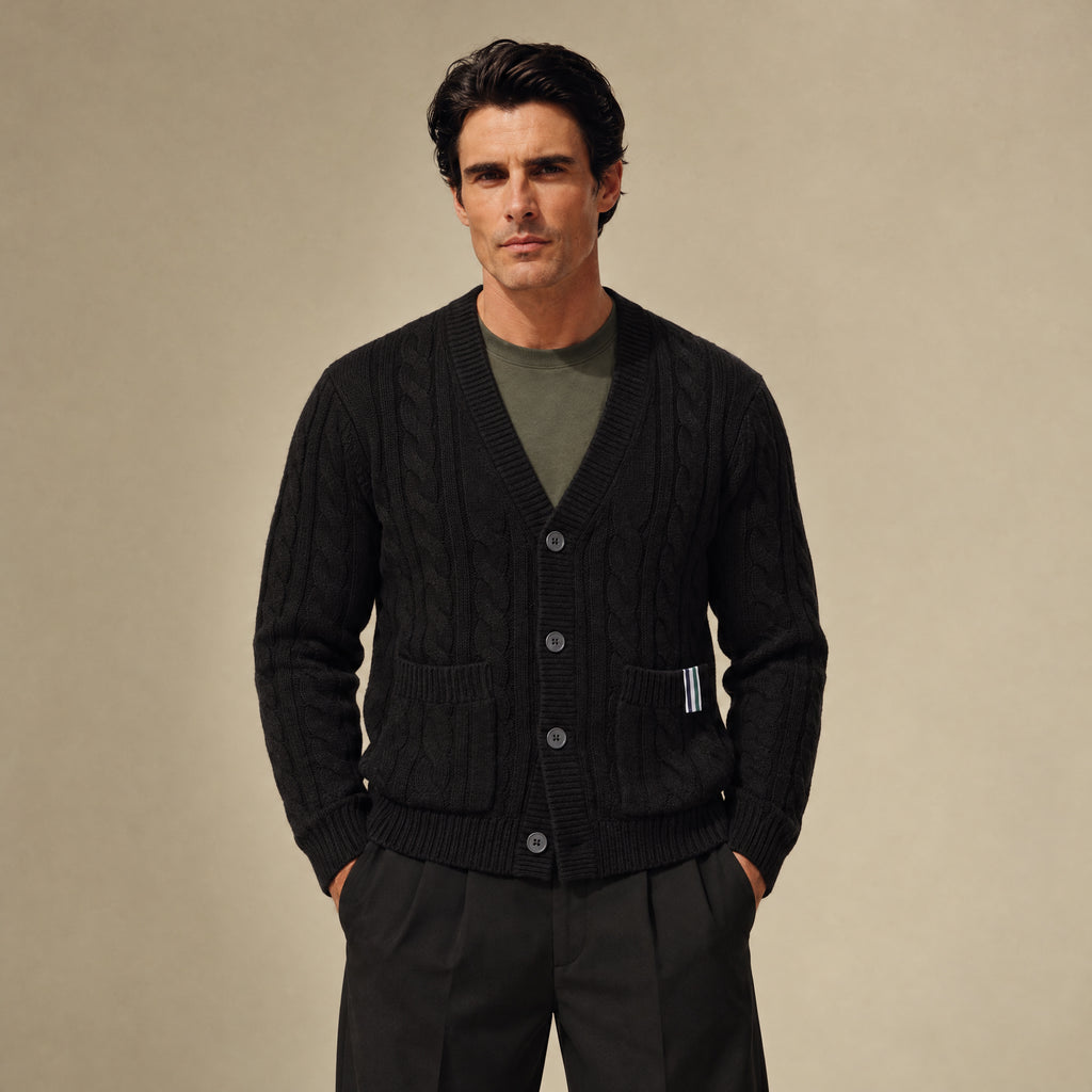 Cable Knit Wool Cardigan model Matteo in Black
