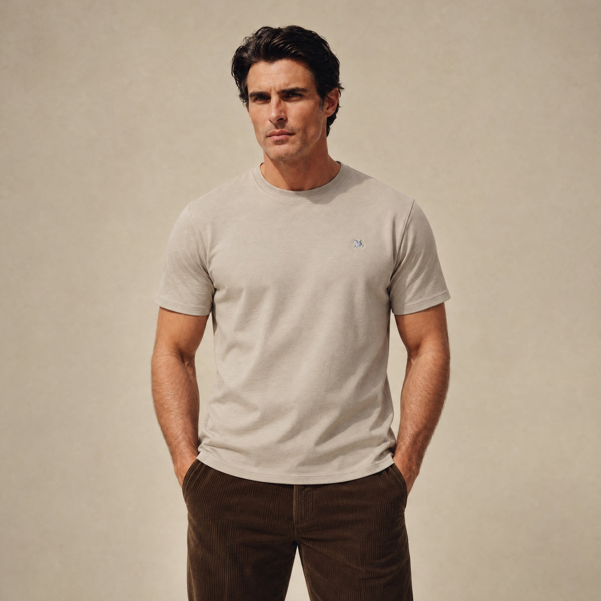 Mulberry Emblem Crew T-Shirt model Matteo in Beige