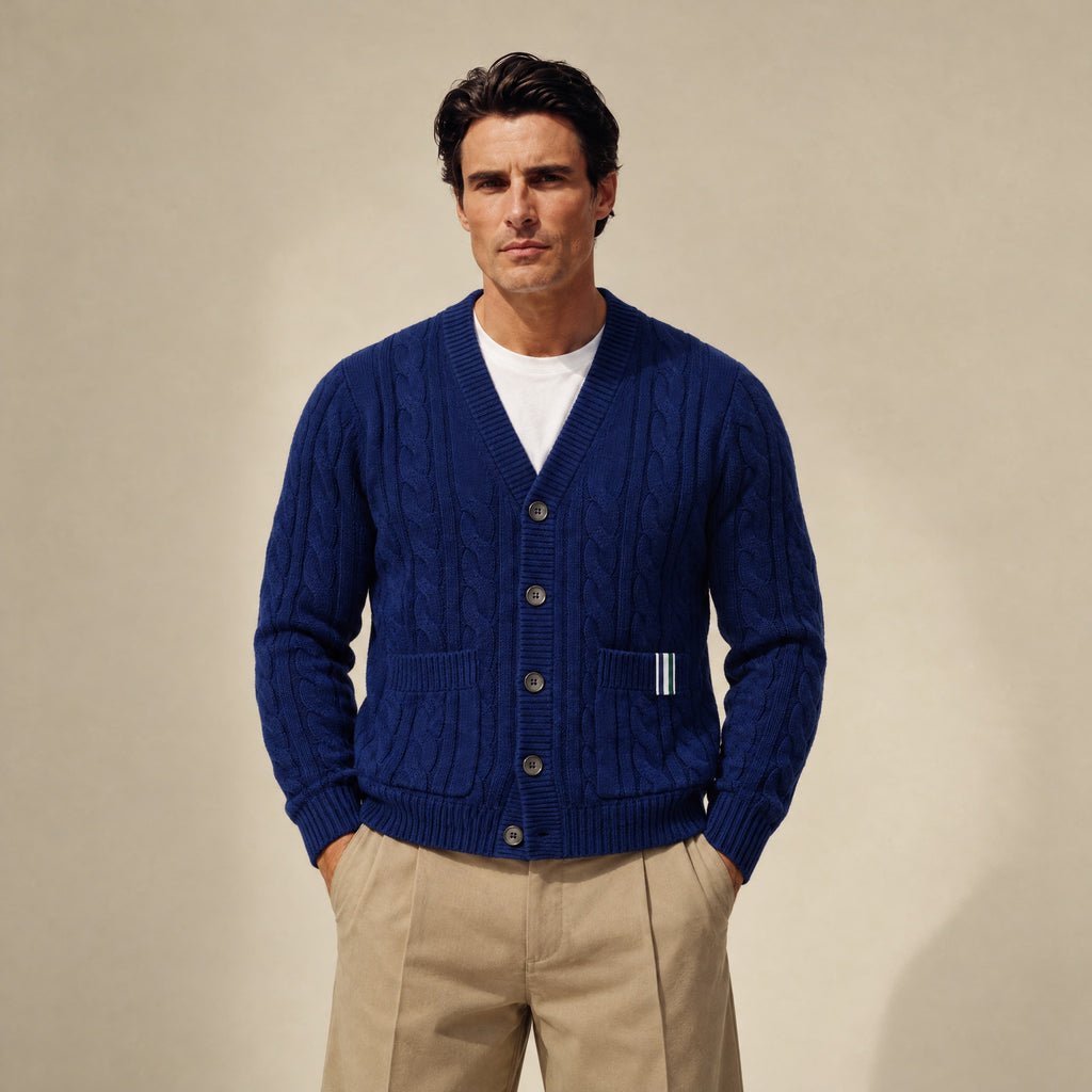 Cable Knit Wool Cardigan model Matteo in Regatta Blue