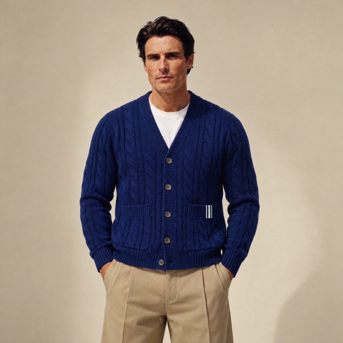 Cable Knit Wool Cardigan model Matteo in Regatta Blue