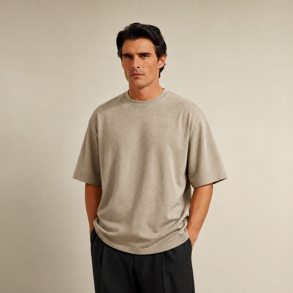 Merino Wool Oversized T-Shirt model Matteo in Dune