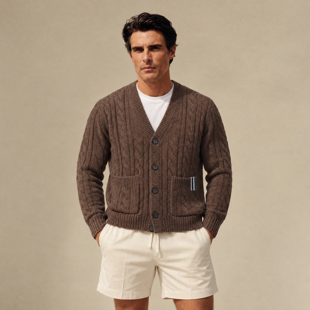 Cable Knit Wool Cardigan model Matteo in Oak