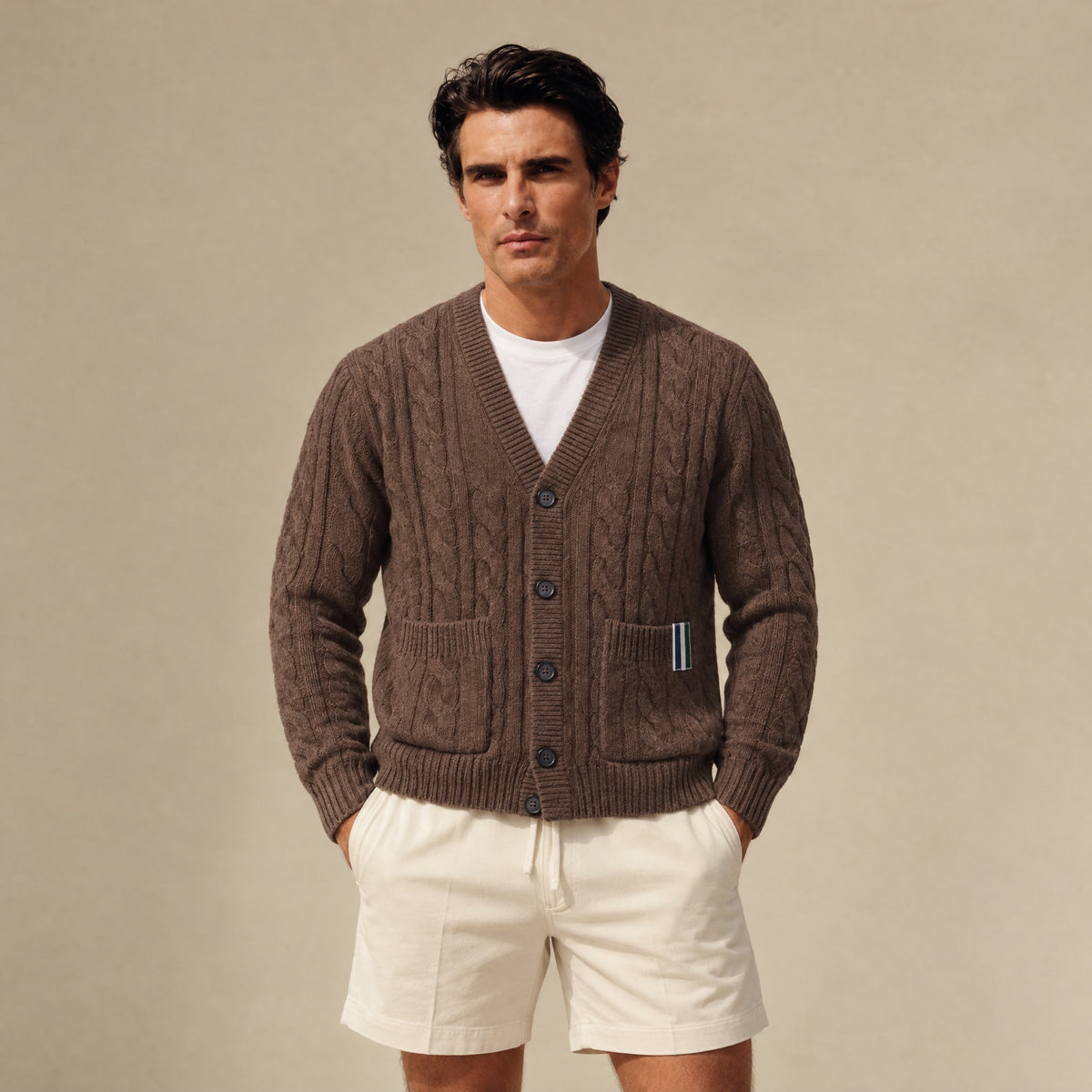 Cable Knit Wool Cardigan model Matteo in Oak