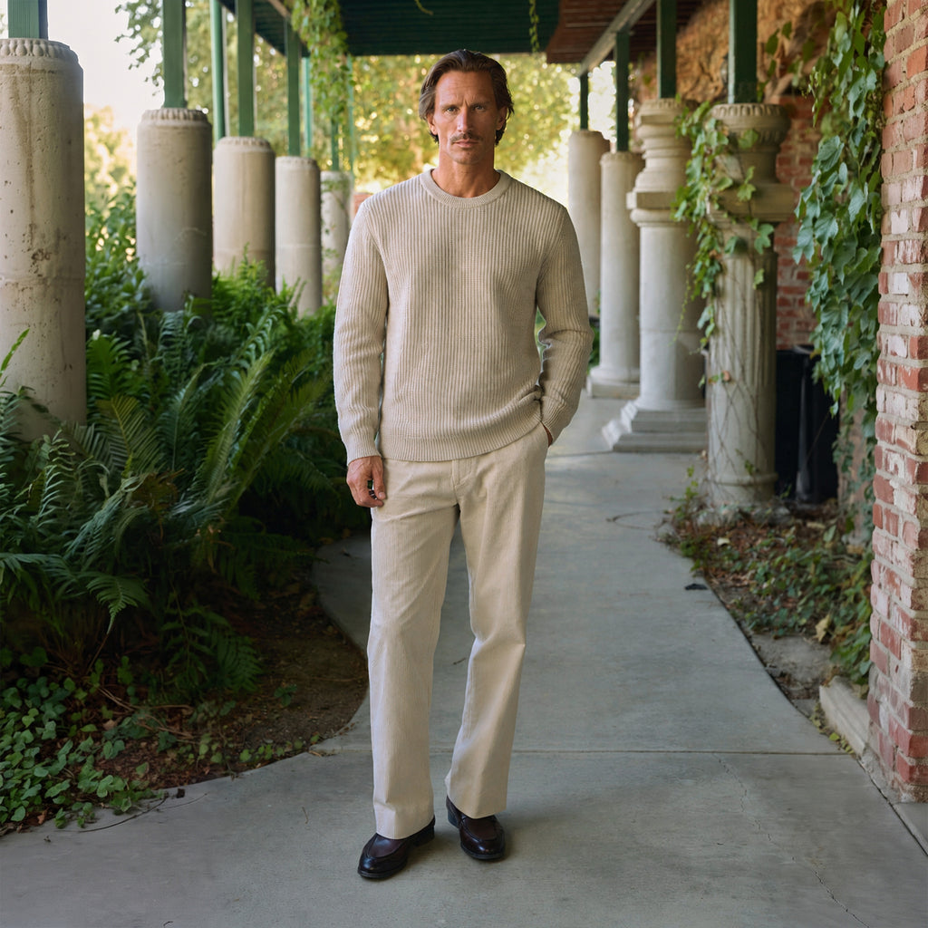 Knit Crewneck Sweater model Tyler in Sandstone