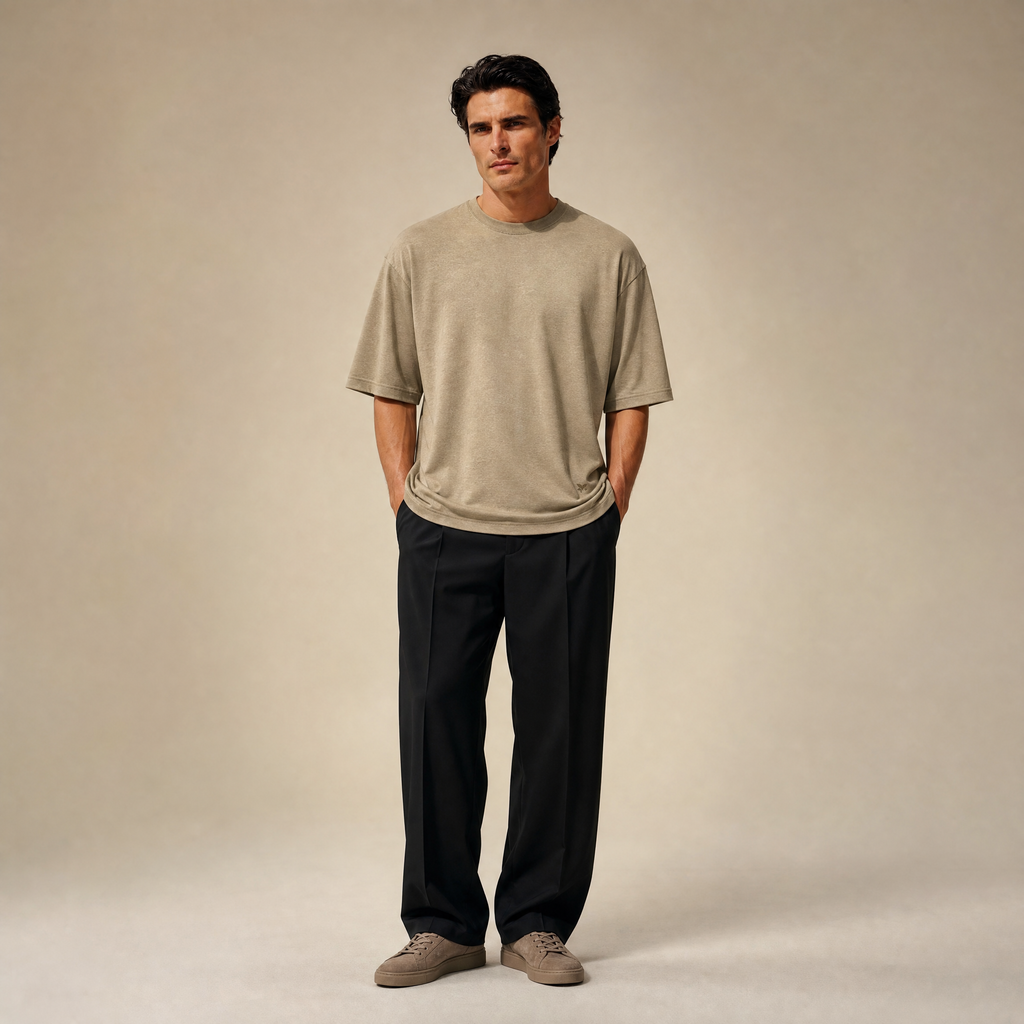 Merino Wool Oversized T-Shirt model Matteo in Dune