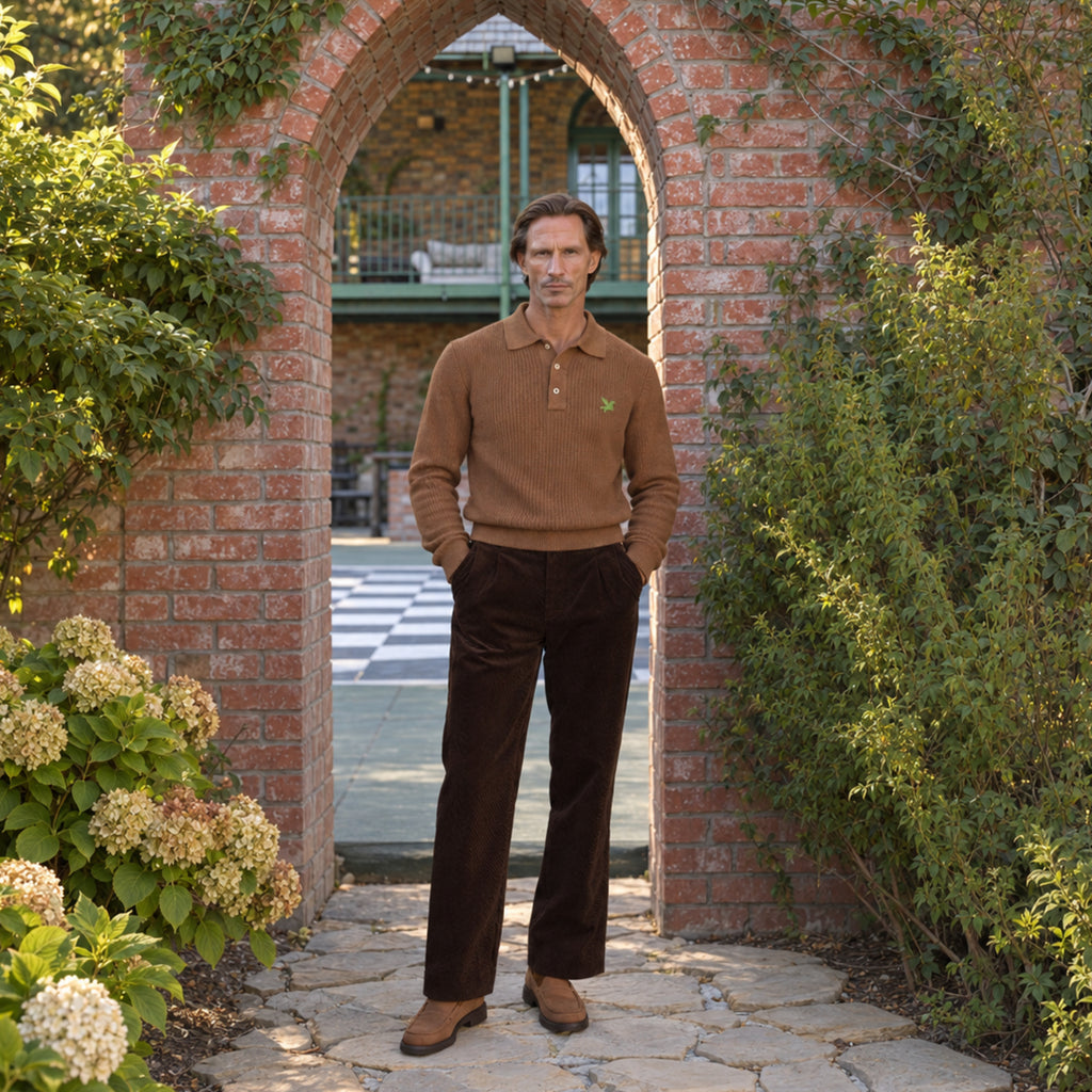 Knit Rugby Polo model Tyler in Cognac